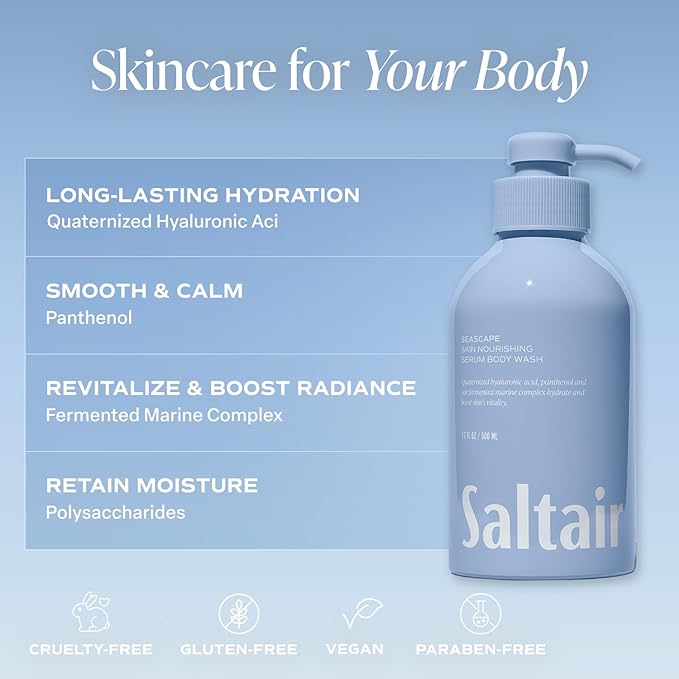 Saltair Body Wash, For Him Scents 2-Pack. Moisturizing Body Cleanser with Monoi Oil and Cupuacu Butter. Luxury Shower Gel for Women and Men. Vegan, Cruelty-Free, Paraben-Free. 2x 17oz Pump Bottles