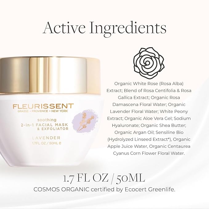 Fleurissent Serenity Elixir Lavender 2-in-1 Facial Mask & Exfoliator – Calming Fusion Florale-6, Organic Roses & Gentle Rice Exfoliation, 98% Natural, 1.7 FL OZ for Healthy-Looking Skin