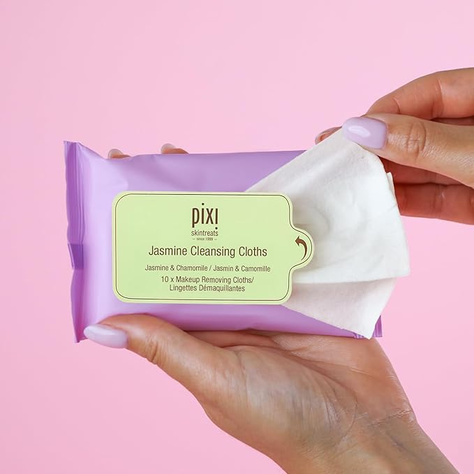 Pixi Beauty Jasmine Cleansing Cloths Mini |Cleansing, Smoothing, and Hydrating Disposable Face Towelettes| Pack of 10 Face Wipes