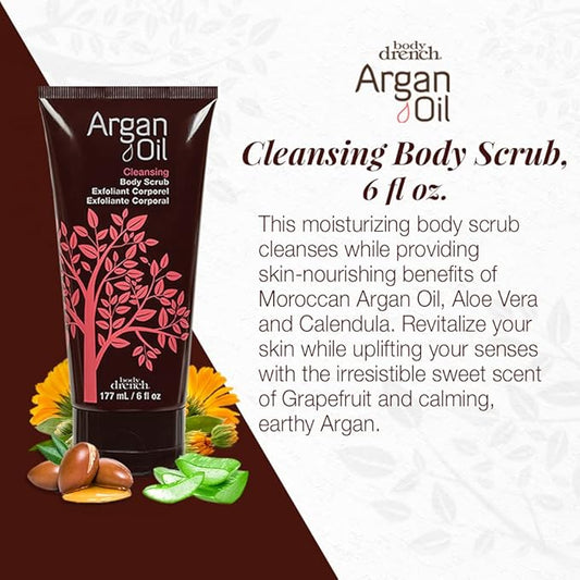 Body Drench Argan Oil Body Scrub for Women – Body Exfoliator Scrub & Deep Cleansing Skin Polish for Smooth Skin, Removes Dead Skin Cells, 6 fl oz