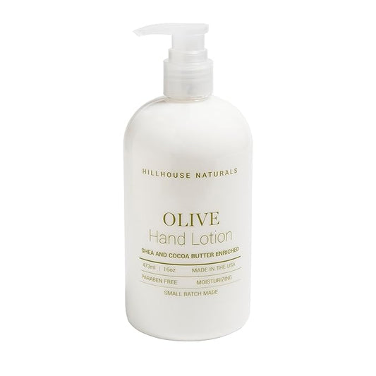 Hillhouse Naturals 16oz Olive Hand Lotion. With scents of Gorjum Balsam, Cedarwood, Rosemary, Patchouli and Olibanum. Made in the USA