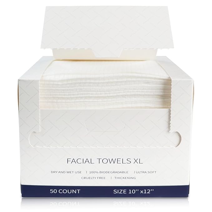 Face Towels Disposable, 12” x 10” Biobased Facial Towelettes, Large Soft & Thick Dry Wipes for Gentle Skincare, Face Washing & Makeup Removal, Lint-Free Clean Facial Towels, 50 Count