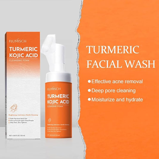 Turmeric Kojic Acid Facial Cleanser, Brightening Foaming Face Wash with Soft Massage Heads, Kojic Acid Cleanser Exfoliating, Turmeric Cleansing for Dark Spots 4.23 oz