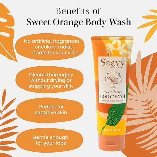 Saavy Naturals Body Wash Sweet Orange Plant-Based Ingredients| Made In USA | Sensitive Skin Body Wash, l Organic & Vegan Formula With Coconut Oil, Shea Butter, And Aloe Vera - 8.5 Fl Oz, 2 Pack