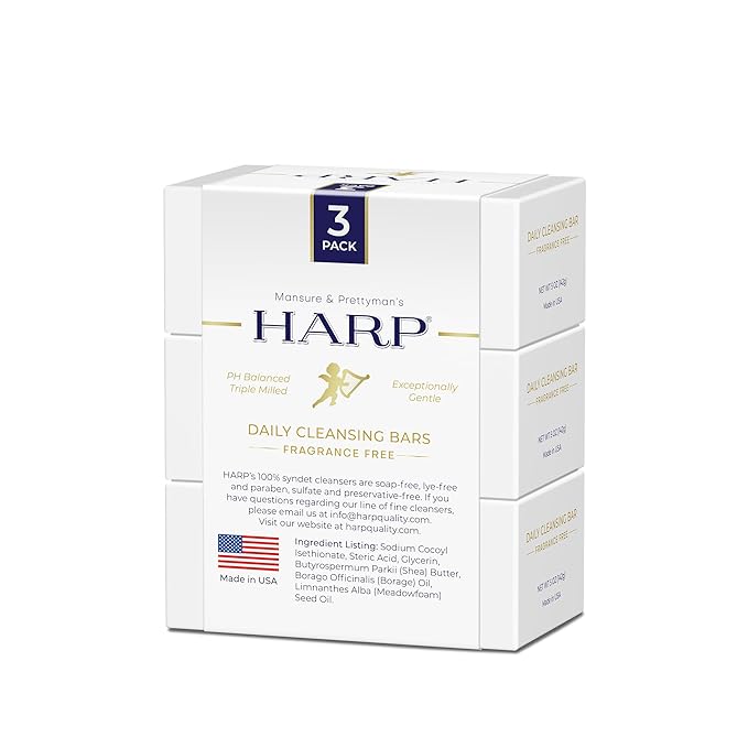 HARP pH-Balanced (5.0-6.0) Body Wash Bar. ZERO Saponified Oils. Protects Moisture Barrier. Gentle for Sensitive/Dry skin. + Shea Butter/Borage Oil. Non-Comedogenic. FRAGRANCE/masking agent FREE