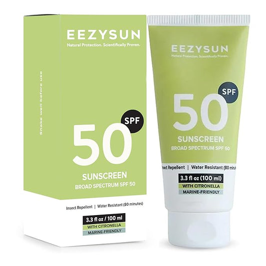 SPF 50 Sunscreen and Insect Repellent - Water-Resistant Sunscreen Travel Size & Bug Repellent with Citronella Oil, Lemongrass, and Neem Oil - Reef-Safe Bug Repellent Outdoor - 3.3 fl oz