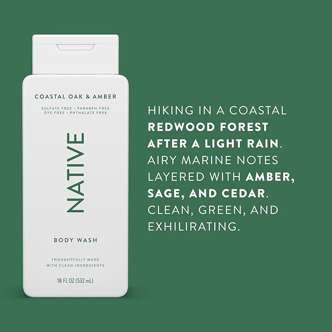 Native Body Wash Contains Naturally Derived Ingredients | For Women & Men, Sulfate, Paraben, & Dye Free Leaving Skin Soft and Hydrating | Coastal Oak & Amber 18 oz - 2 Pk