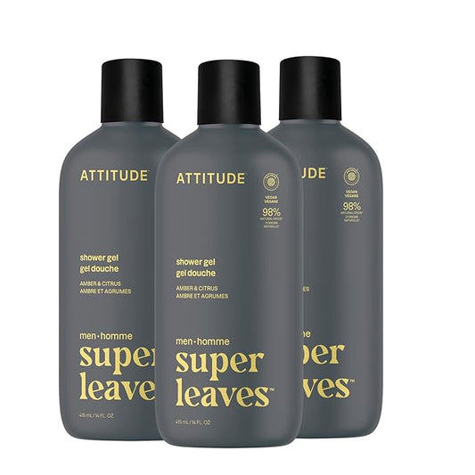 ATTITUDE Shower Gel Body Wash for Men, 98% Natural Origin Ingredients, Paraben & Phthalate Free, EWG Verified, Cleanses Without Drying, Amber & Citrus, 14 Fl Oz (Pack of 3)