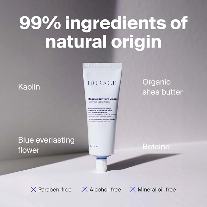 HORACE Purifying Face Mask for Men - Facial Deep Cleanse with Kaolin Clay and Blue Everlasting Flower - Pore Refining Skincare for All Skin Types - Unscented, 2.45 fl.oz