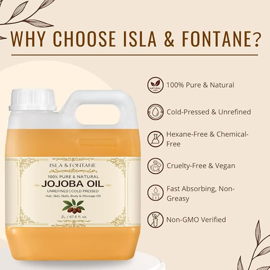 ISLA & FONTANE Jojoba Oil Set – 2L/67.6 Fl Oz | 100% Pure & Natural | Golden, Unrefined, Cold Pressed | 2 Dropper Bottles & Beauty Massager | Hexane-Free Carrier Oil for Skin, Hair, Face, Nails & Body