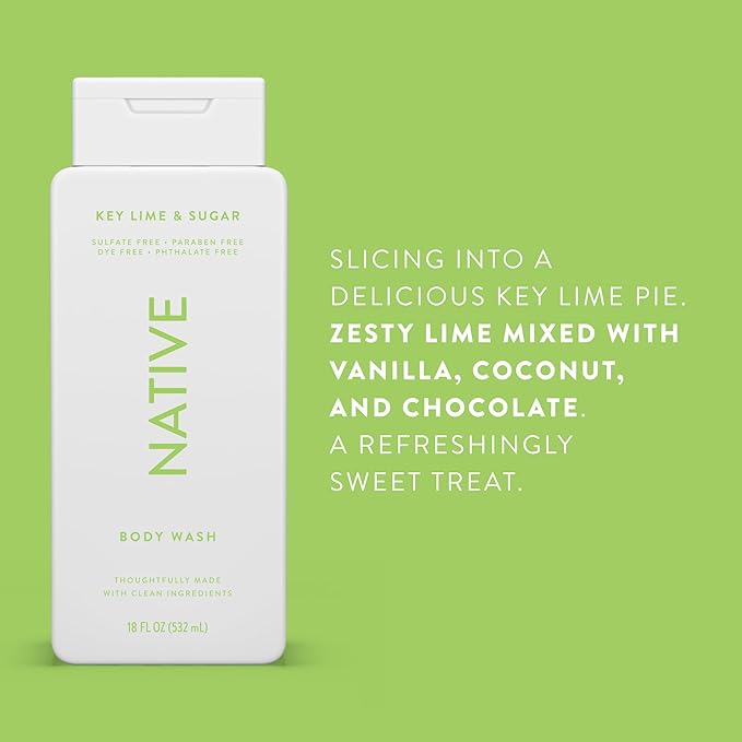 Native Body Wash Contains Naturally Derived Ingredients | For Women & Men, Sulfate, Paraben, & Dye Free Leaving Skin Soft and Hydrating | Key Lime & Sugar 18 oz - 2 Pk