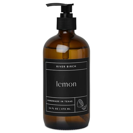 River Birch Lemon Scented Natural Hand Soap - Handmade Soap - Moisturizing Hand Wash with Amber Glass Dispenser - Luxury Scented Hydrating Hand Soap - Vegan and Non-Toxic - 16 Fl Oz