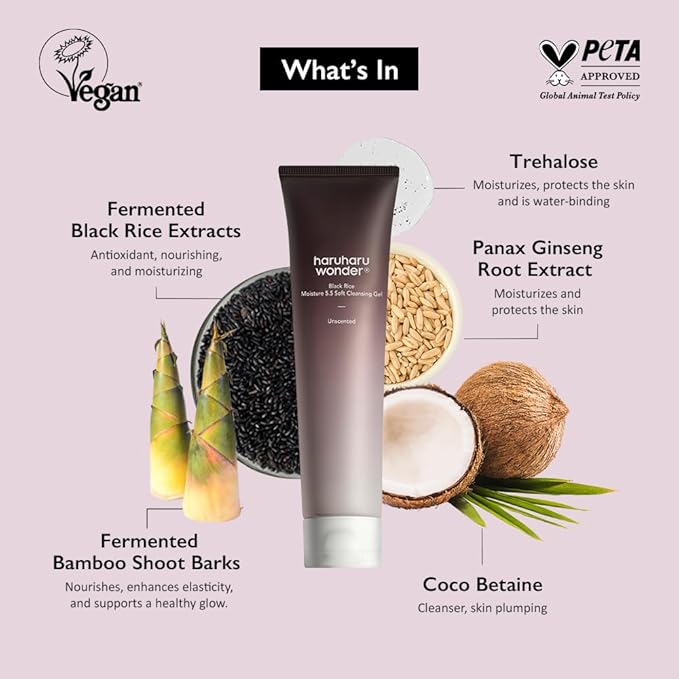 haruharu wonder Black Rice Moisture 5.5 Soft Cleansing Gel, 3.4 fl.oz, Gentle Face Wash for Dry to Normal Skin, Low 5.5pH, Soap Free, Hydrating, Fragrance Free, Daily Use, Korean Skincare