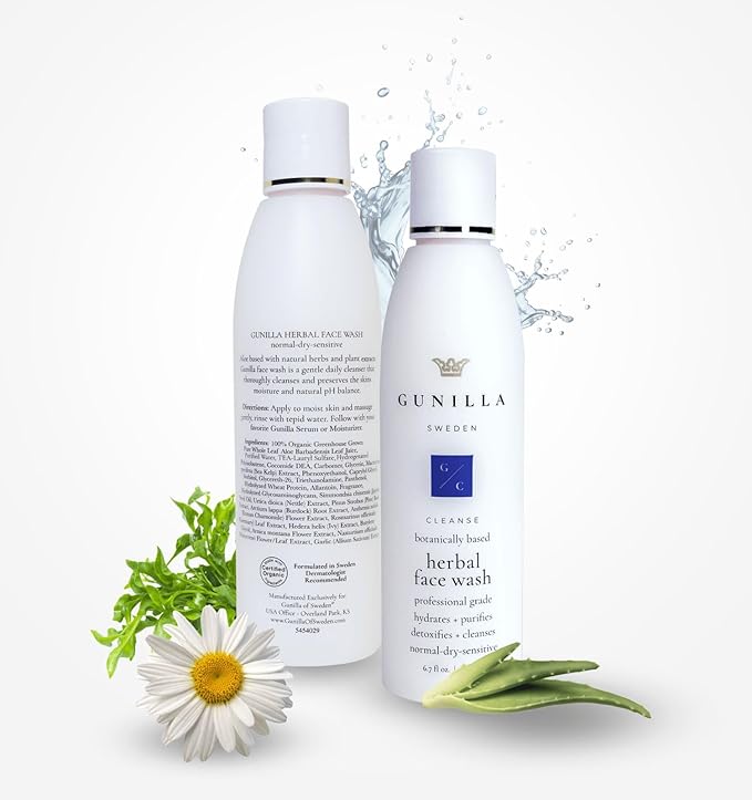 GUNILLA Herbal Face Wash - Very Gentle Daily Cream Cleanser for Dry, Normal, Sensitive Skin. Removes Dirt, Oil & Impurities. Plant-Based. Vegan. Natural. Concentrated 6.7 oz