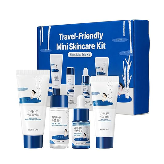 ROUND LAB Birch Juice Moisturizing Mini Kit, 4-Step Travel Size Skincare Set (Cleanser, Toner, Ampoule, Cream) | Korean Moisturizer, Hydrating Routine | Soothing Care for Acne-Prone, Sensitive Skin
