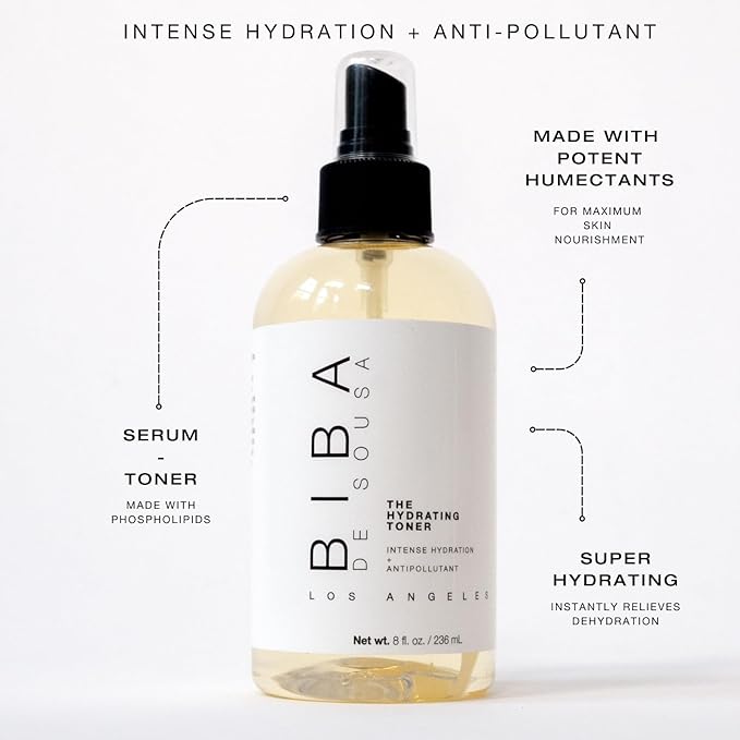 BIBA DE SOUSA The Hydrating Toner with Phospholipids - Intense Hydration & Anti Pollutant - Makeup Setting Spray - for All Skin Types and Tones (8oz)