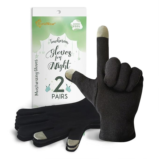 EvridWear 100% Cotton Touchscreen Moisturizing Beauty Gloves with Elastic Cuff, Natural Cosmetic Therapy Gloves for Eczema SPA Dry Hands Care Overnight (Black, Large) 2 Pairs