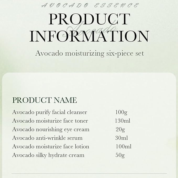 6pcs Avocado Skincare Set, Skin Care Gift Set with Facial Cleanser, Toner, Lotion, Face Serum, Face Cream, Eye Cream For Hydrating Skin Anti-Aging Skin For Women Men