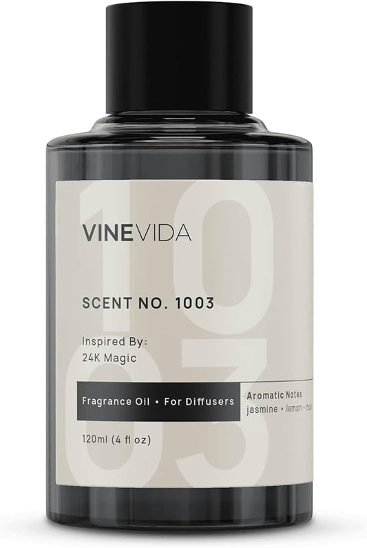 VINEVIDA [4 Fl Oz] Scent NO. 1003 Inspired by 24K Magic Fragrance Oil for Cold Air Diffusers, Aromatic Notes of Lemon Jasmine Musk, Essential Oils for Diffuser Oil Refill & Air Freshener Room Spray