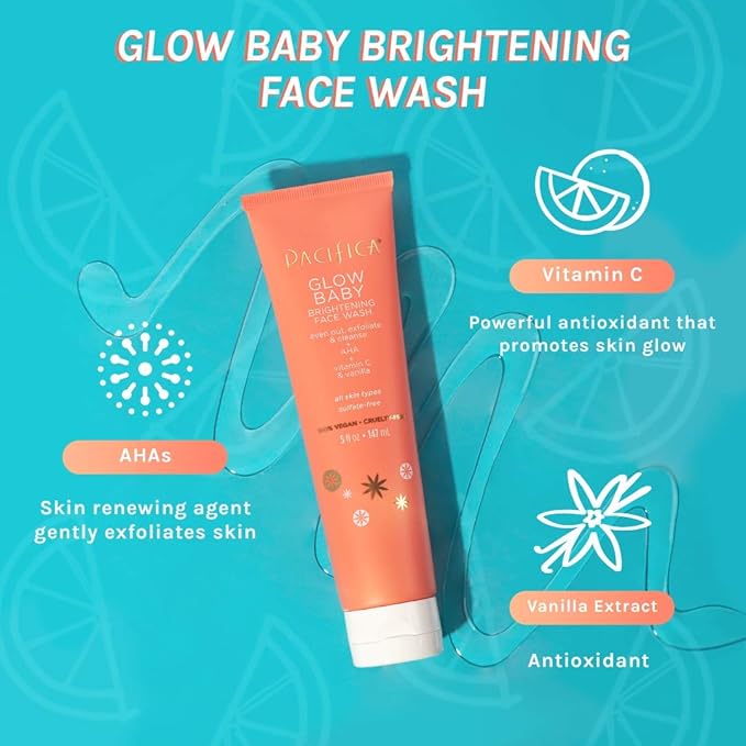 Pacifica Beauty Glow Baby Brightening Face Wash Set, Skincare, Face Cleanser, Exfoliator, AHA, Even Skin Tone, VItamin C, Vanilla, Sulfate and Paraben Free, Vegan, 5 fl oz Each (Set of 2)