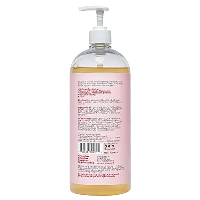 Dr. Natural Hemp Body Wash - Natural for Sensitive Skin - Moisturizing - Anti-Aging and Acne Reduction - Rose Water - 32 oz..