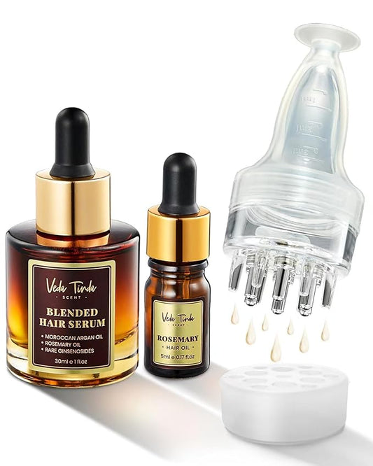 Hair Serum Applicator & Rosemary Oil & Moroccan Argan Oil, Scalp Massager for Hair Growth, Scalp Care Essential Oil Set for Men and Women