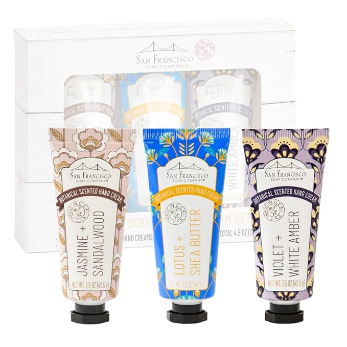 San Francisco Soap Company Botanical Hand Cream 3 Piece Set | Jasmine & Sandalwood, Lotus & Shea Butter, Violet & White Amber | Made in USA |