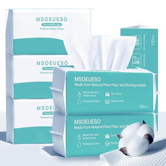 Soft Dry Wipes Cotton Facial Tissues, 600 Count Disposable Face Towels, Cotton Face Towel for Sensitive Skin, Facial Cleansing, Makeup Removing, Surface Cleaning