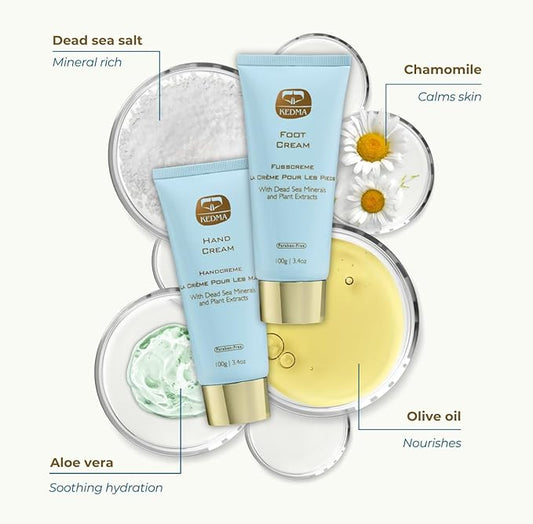 Hand & Foot Cream Set – Daily Moisturizing Creams with Dead Sea Minerals, Aloe Vera & Olive Oil – Nourishing Skincare for Dry, Cracked Hands and Feet | 3.4 Oz each / 100g