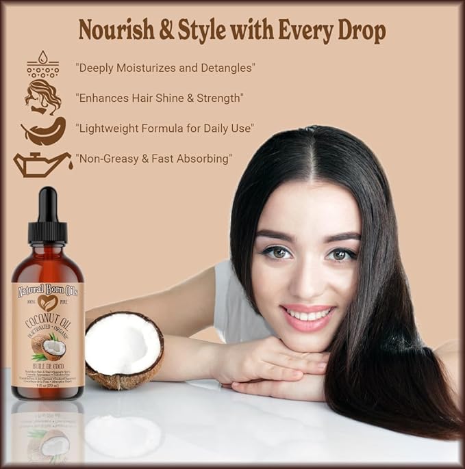 Coconut Oil Fractionated, 8oz, Organic, Cold-Pressed, Non-Greasy, Skin Moisturizer, Hair Shine Enhancer, Natural Born Oils.