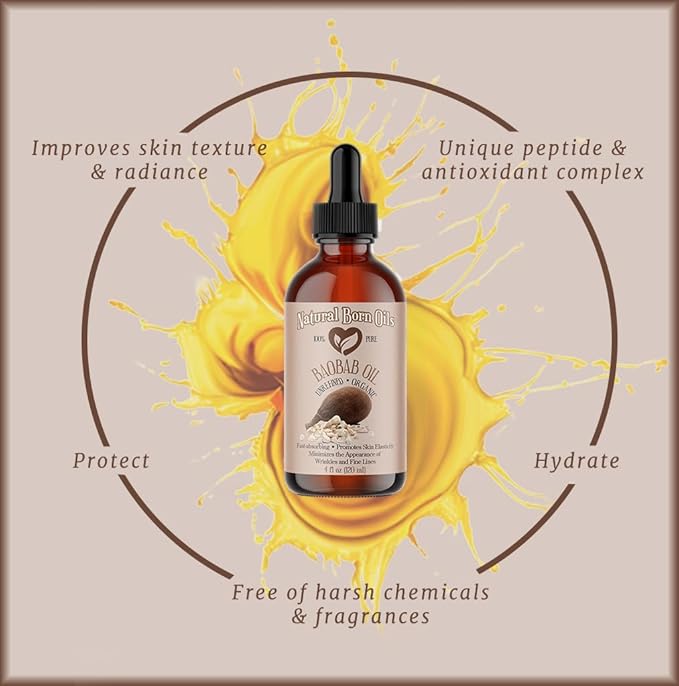 Natural Born Oils 4oz Baobab Oil, 100% Pure and Natural, Organic, Cold-pressed, Unrefined, Non-comedogenic, Moisturizing, Includes Pump & Dropper