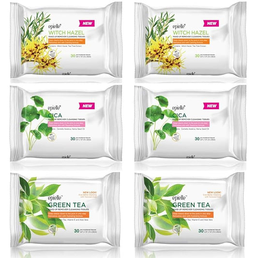 Epielle Makeup Remover Wipes, Remove Dirt, Oil, Waterproof Mascara, Gentle Daily Facial Cleanser Towelettes with Witch Hazel, Cica & Green Tea, Hypoallergenic & Alcohol-Free, 30 Count (Pack of 6)