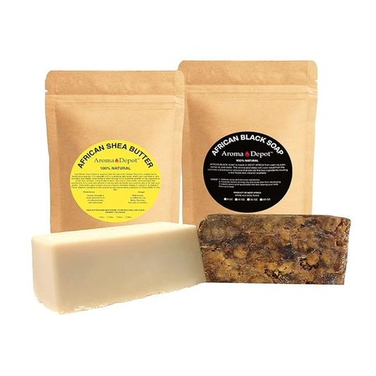 Raw African Black Soap & Shea butter 1 lb Combo Pack Cleanser and Moisturizer Set 100% Raw-Pure Unrefined I For all skin types I Can be used for Hair, Body and Face I Imported from Ghana I