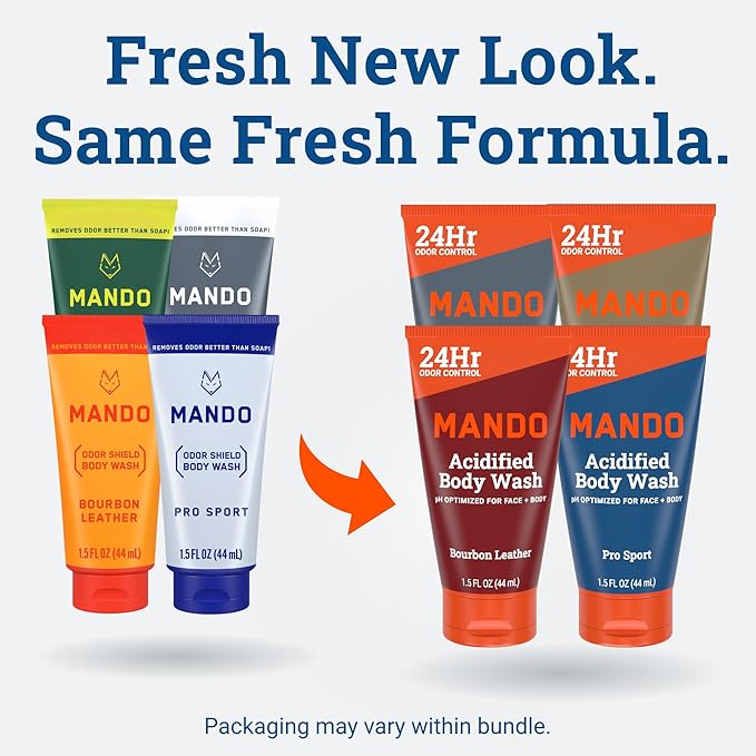 Mando Mini Body Wash - 24 Hour Odor Control - Removes Odor Better than Soap - 1.5 Ounce Tubes (Pack of 4, in 4 scents: Bourbon Leather, Pro Sport, Mt Fuji, Unscented)