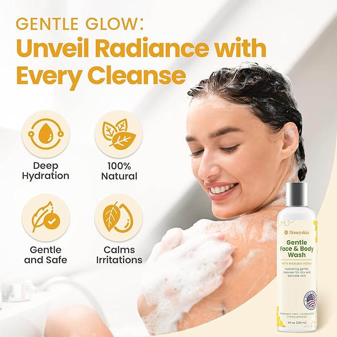 Honeyskin Face and Body Wash for Women and Men - Acne Body Wash Moisturizing for Sensitive Skin - Hydrating Facial Cleanser - Gentle Exfoliation – Sulfate-Free (8oz)