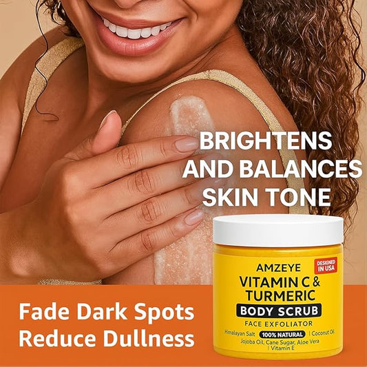 Vitamin C & Turmeric Body Scrub, Natural Face Exfoliator, Himalayan Salt with Coconut Oil, Jojoba Oil, Aloe Vera, Vitamin E, Cane Sugar