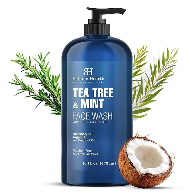 Botanic Hearth Tea Tree Face Wash With Mint | Acne Fighting, Premium, Hydrating Liquid Face Soap With Pure Tea Tree Oil | For Women And Men, Paraben Free, Fights Acne | 16 Fl Oz (Packaging May Vary)