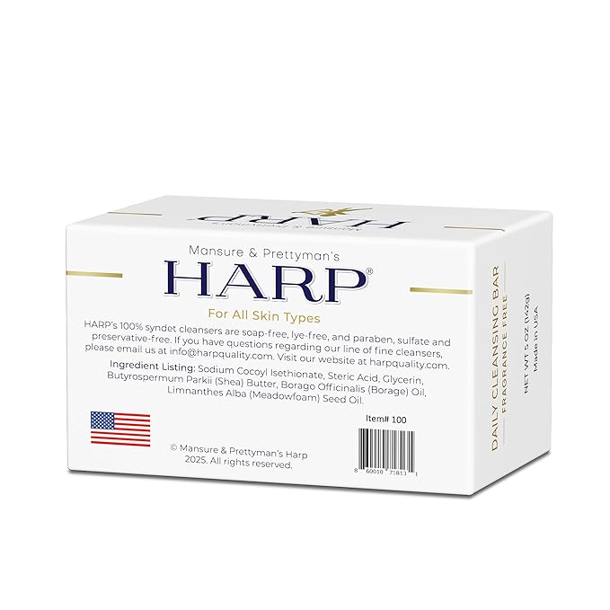 HARP pH-Balanced (5.0-6.0) Body Wash Bar. ZERO Saponified Oils. Protects Moisture Barrier. Gentle for Sensitive/Dry skin. + Shea Butter/Borage Oil. Non-Comedogenic. FRAGRANCE/masking agent FREE.