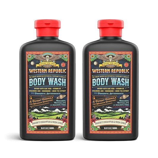 Men's Body Wash | Aviator's Eucalyptus & Fresh Citrus Scent | Hydrating & Anti-Aging Formula with Aloe, Niacinamide & Hyaluronic Acid (2 Pack) | Made in USA