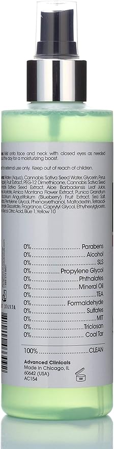 Advanced Clinicals Hemp Oil Hydrating Facial Toner Mist W/Natural Extracts to Energize Aging, Oily, & Dry Skin for Firm, Soft Glow. Alcohol Free Moisturizing Spray W/Sea Salt, & Aloe, 8 Fl Oz