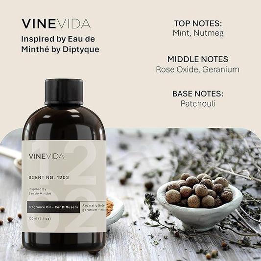 VINEVIDA [16 Fl Oz] Scent NO. 1202 Fragrance Oil for Cold Air Diffusers, Aromatic Notes of Mint, Nutmeg, Rose Oxide & Patchouli Essential Oils for Diffuser Oil Refill & Air Freshener Room Spray