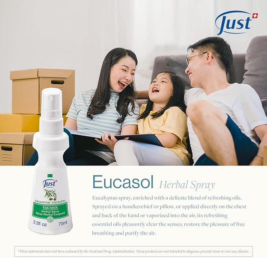 Eucasol Spray 75ml. Enriched With Eucalyptus Essential Oil. Alternative Room, Pillow Or Fabric Spray. Eucalyptus Spray by Swiss Just