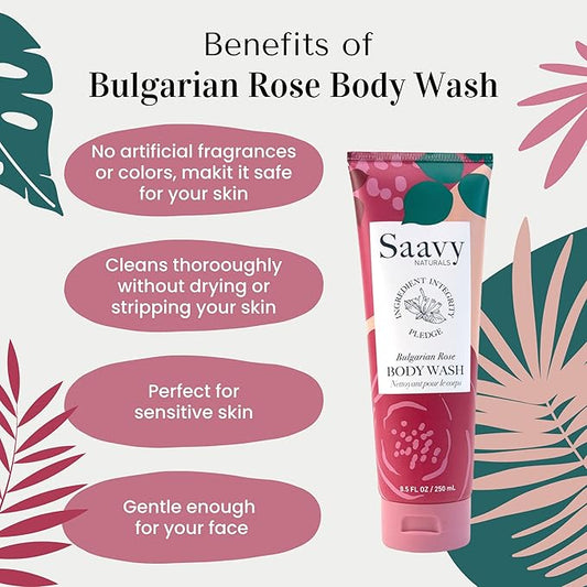 Saavy Naturals Body Wash Bulgarian Rose Plant-Based Ingredients| Made In USA | Sensitive Skin Body Washl Organic Formula With Coconut Oil, Shea Butter, And Aloe Vera - 8.5 Fl Oz, 2 Pack