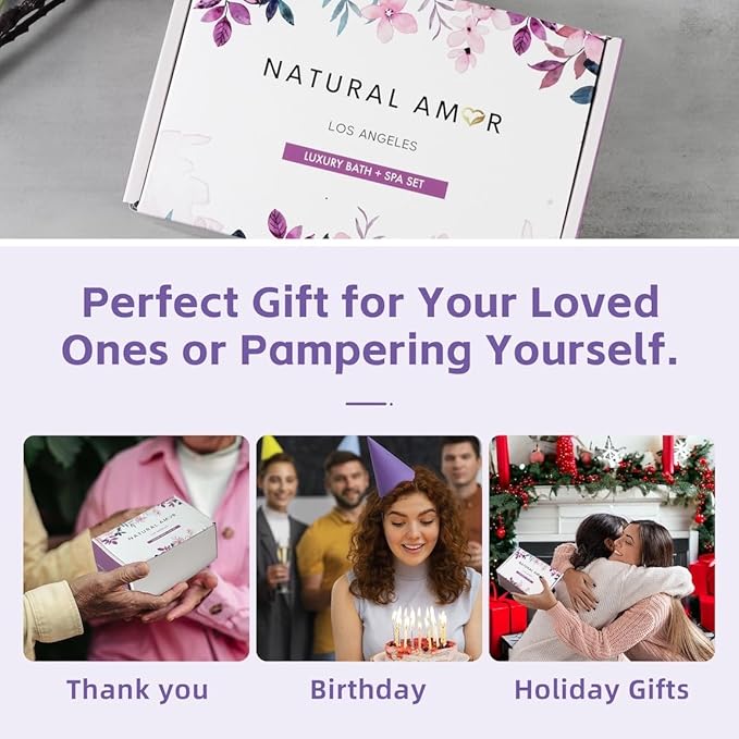 Natural Amor Lavender Spa Gifts for Women, 5pcs Handmade Spa Gift Box for Women, Soap, Clay Mask, Bath Salt, Birthday Gift for Women, Self Care Gift