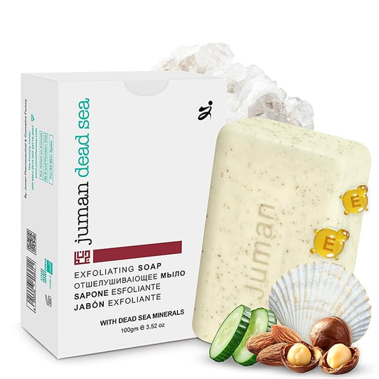 JUMAN Dead Sea Minerals Exfoliating Bar Soap | SLS & Paraben Free | Infused with Plant Extracts | Vitamin E | Removes Dirt and Oil | Daily Use Bar | 4oz (Pack of 4)