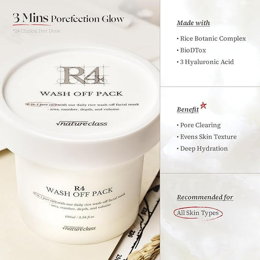 R4 Rice Wash Off Facial Mask – 4-in-1 Pore Care, Deep Cleansing, Hydrating, Exfoliates, Pore Sebum Clearing, Gentle Exfoliating Korean Skincare 3.38 Fl Oz