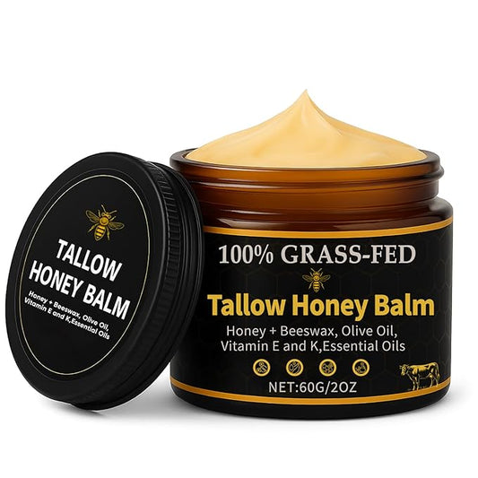 Beef Tallow for Skin, Organic Grass-Fed Beef Tallow Balm,Tallow and Honey Balm with Raw Honey, Olive Oil - Body & Face Moisturizer, Soothes and nourishes for Dry & Sensitive Skin