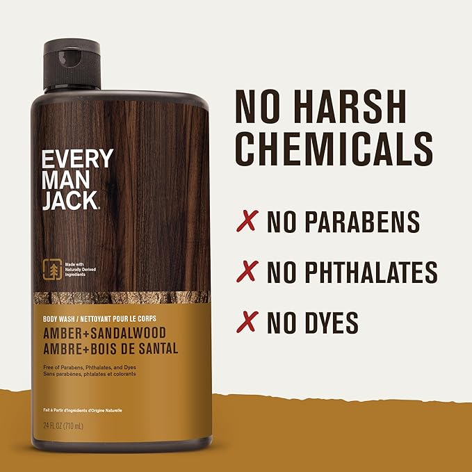 Every Man Jack Amber+Sandalwood Hydrating Mens Body Wash for All Skin Types-Cleanse, Nourish, and Hydrate Skin with Naturally Derived Ingredients-Paraben Free, Phthalate Free, Dye Free-24oz(Pack of 2)