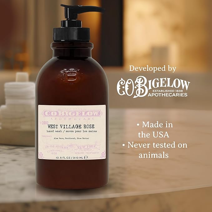 C.O. Bigelow West Village Rose Hand Wash, Iconic Collection Liquid Hand Soap with Shea Butter, Glycerin, Aloe Vera, 10.5 Fl Oz