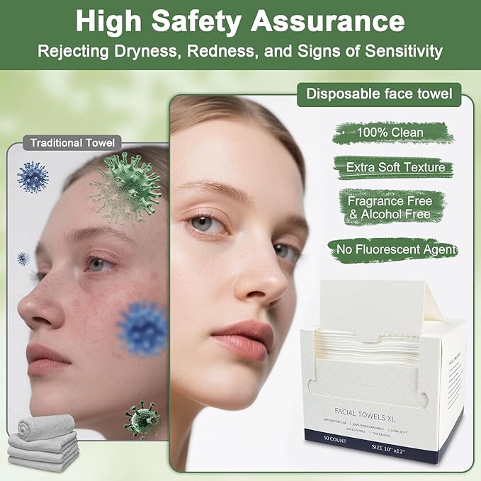 Face Towels Disposable, 12” x 10” Biobased Facial Towelettes, Large Soft & Thick Dry Wipes for Gentle Skincare, Face Washing & Makeup Removal, Lint-Free Clean Facial Towels, 100 Count